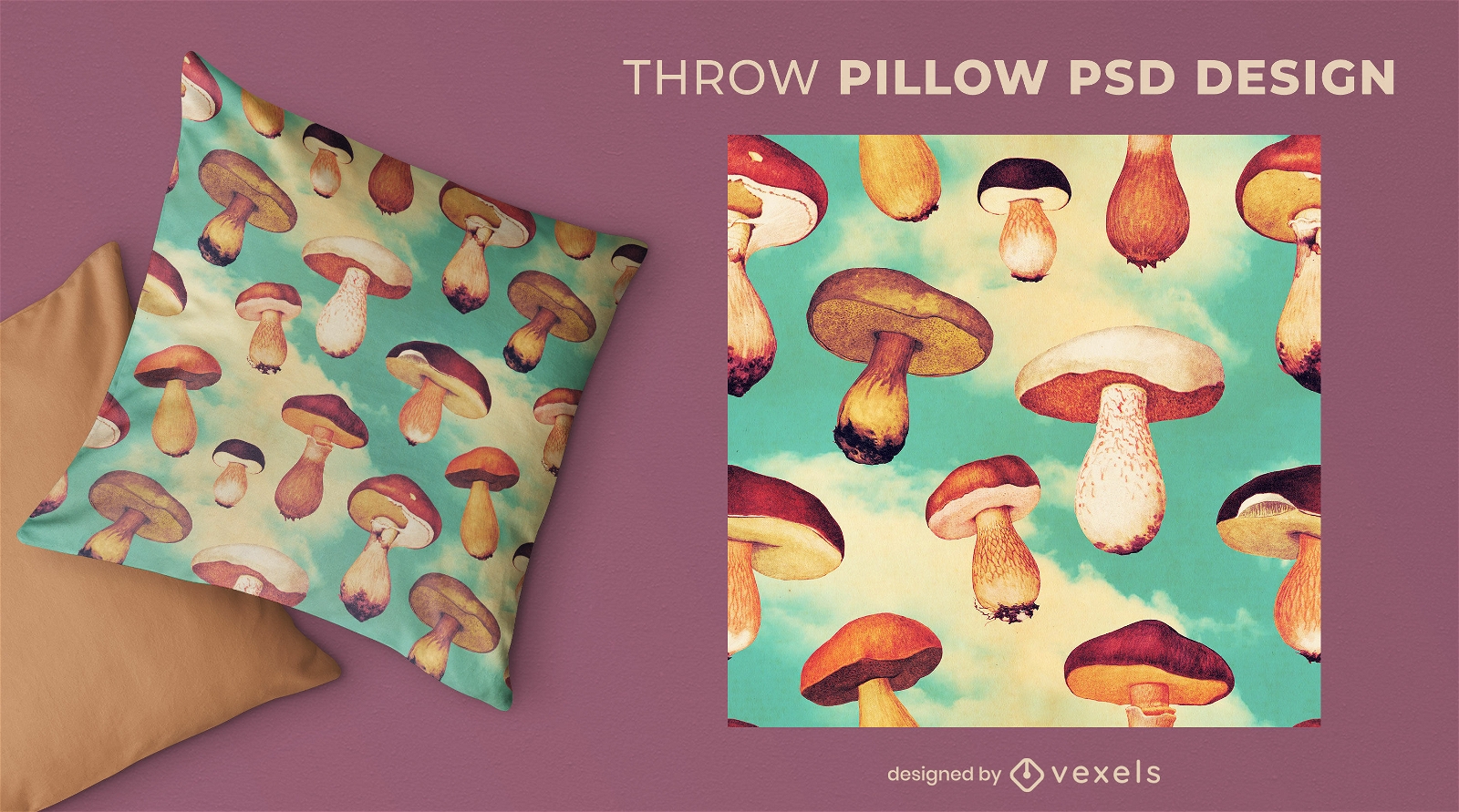 Mushrooms flying in the sky throw pillow psd