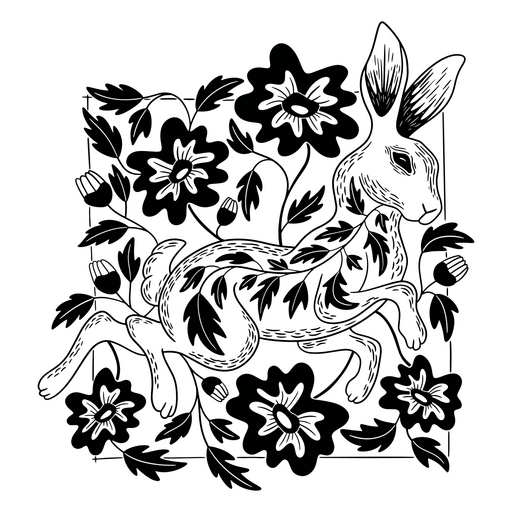 Ilustración caprichosa de conejo y flores Diseño PNG