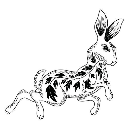 Elegante ilustración de conejo en blanco y negro con elementos florales. Diseño PNG