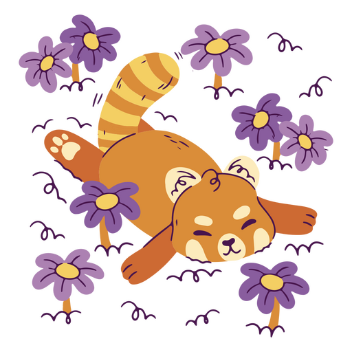 Panda rojo tumbado en un campo de flores de color púrpura Diseño PNG