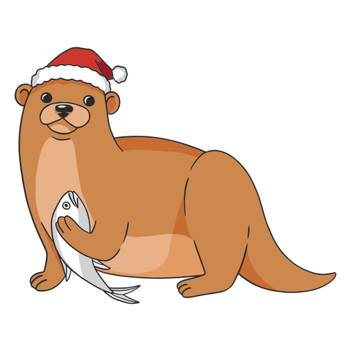 Lontra usando um chapéu de Papai Noel e segurando um peixe Desenho PNG