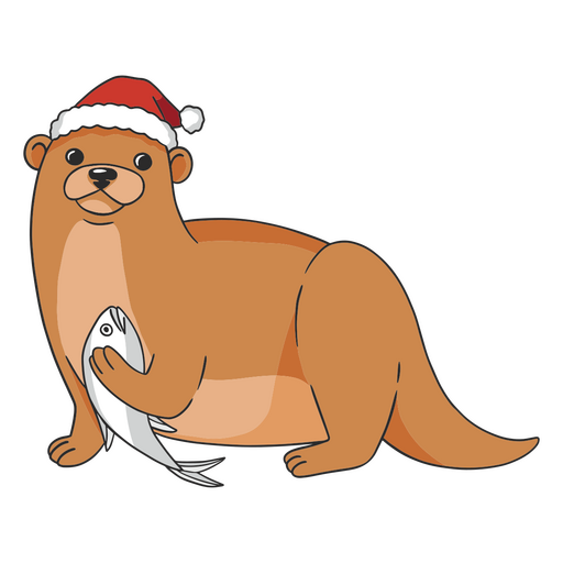 Otter wearing a santa hat and holding a fish PNG Design