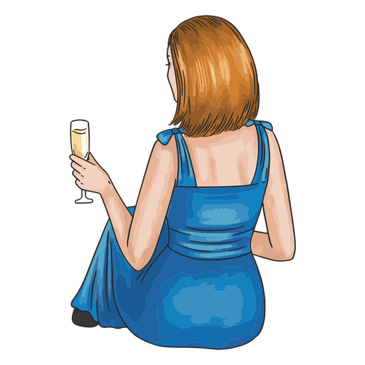 Frau in einem blauen Kleid h?lt ein Glas Champagner PNG-Design