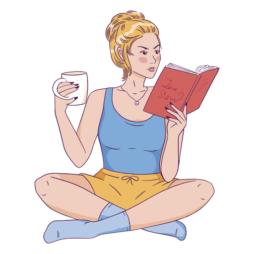 Chica sentada en el suelo leyendo un libro con una taza de café Diseño PNG