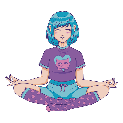 Chica con cabello azul sentada en posición de loto Diseño PNG