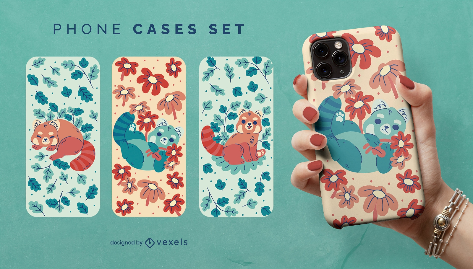 Floral red panda phone case set