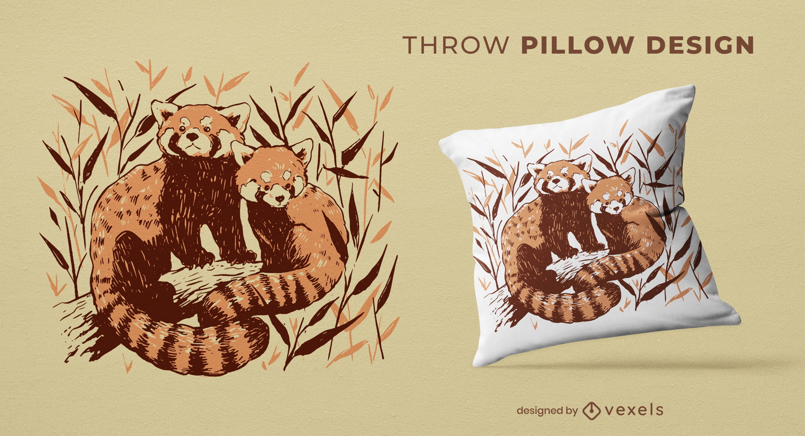 Red panda family throw pillow design