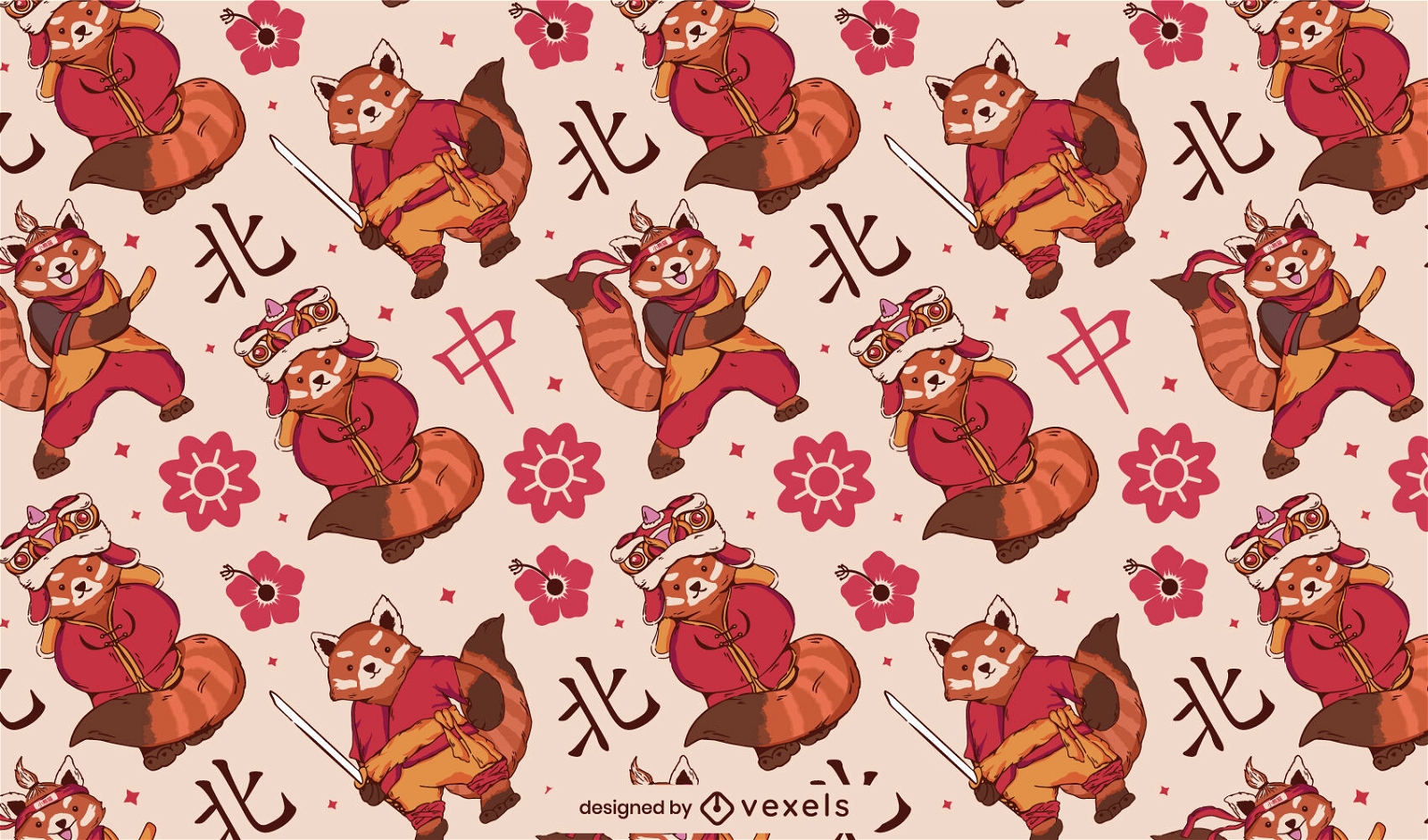 Diseño de patrón chino animal panda rojo
