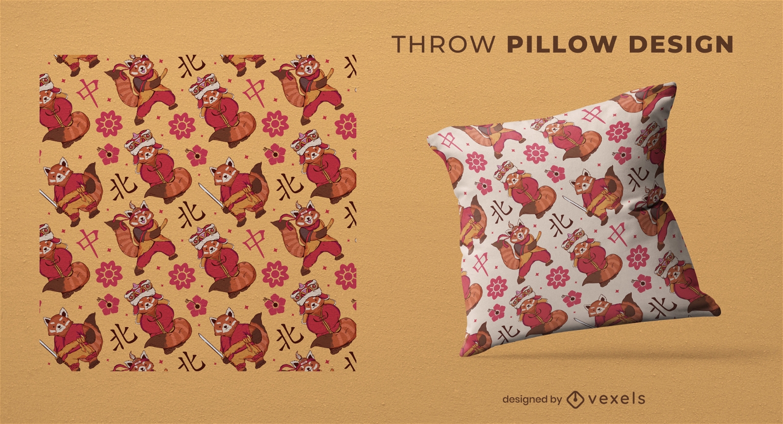 Chinese red panda throw pillow design