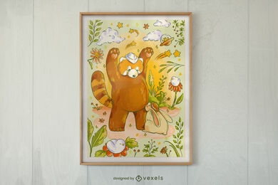 Red panda animal in nature poster design
