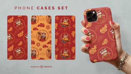 Conjunto de capa de telefone de animais panda vermelho chinês
