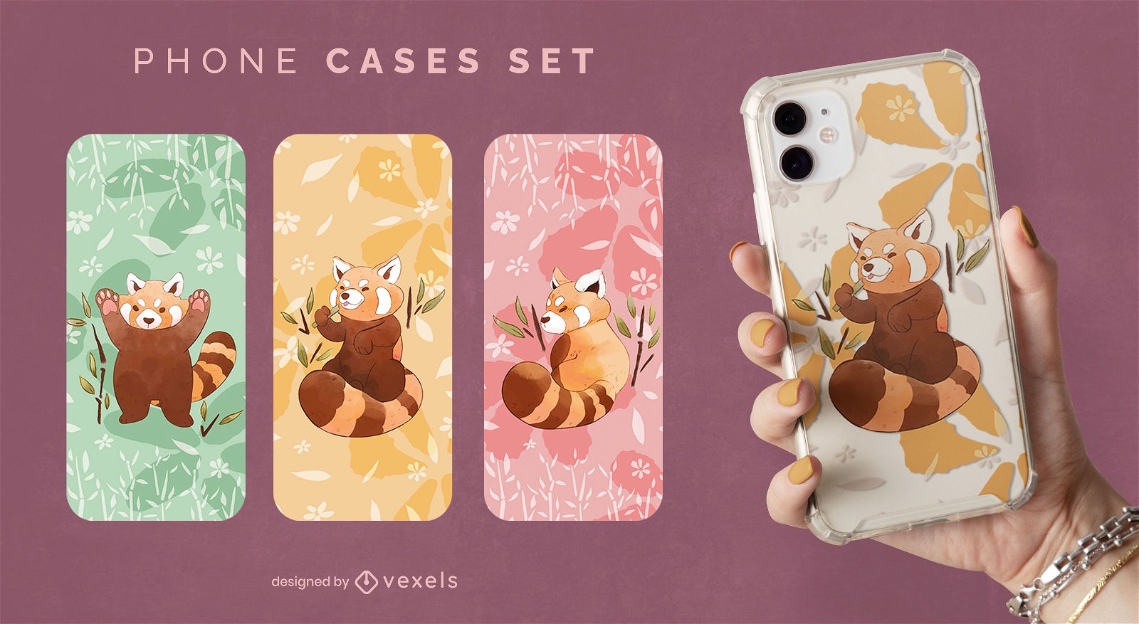Red panda animal watercolor phone case set