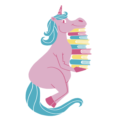Unicornio sosteniendo una pila de libros. Diseño PNG