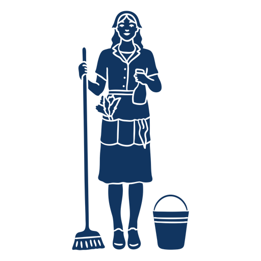 Blue silhouette of a maid with a broom and bucket PNG Design
