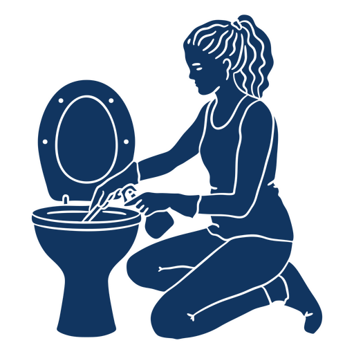 Mujer limpiando un baño con una escobilla Diseño PNG