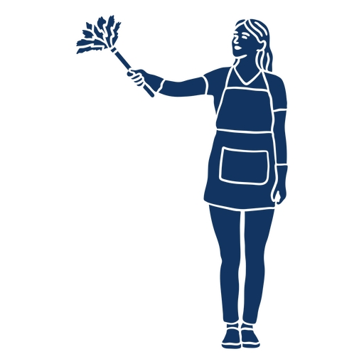 Blue illustration of a woman holding a broom PNG Design