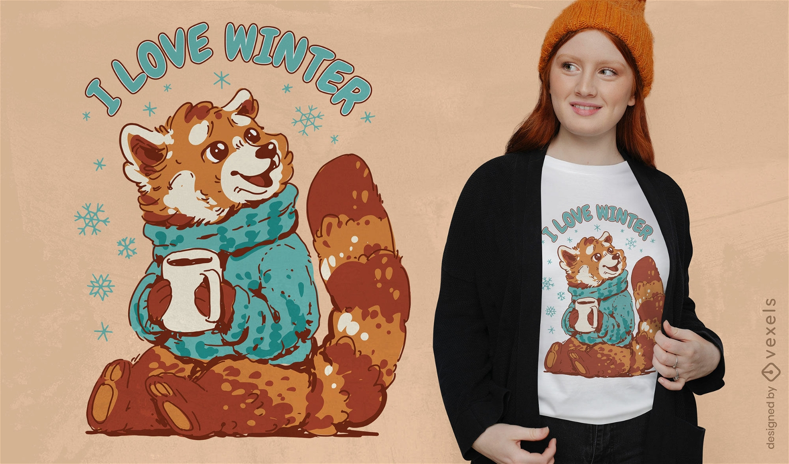 Animal panda vermelho no design de camiseta de inverno