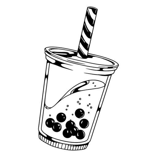 Dibujo en blanco y negro de una taza de t? de burbujas con una pajita. Diseño PNG