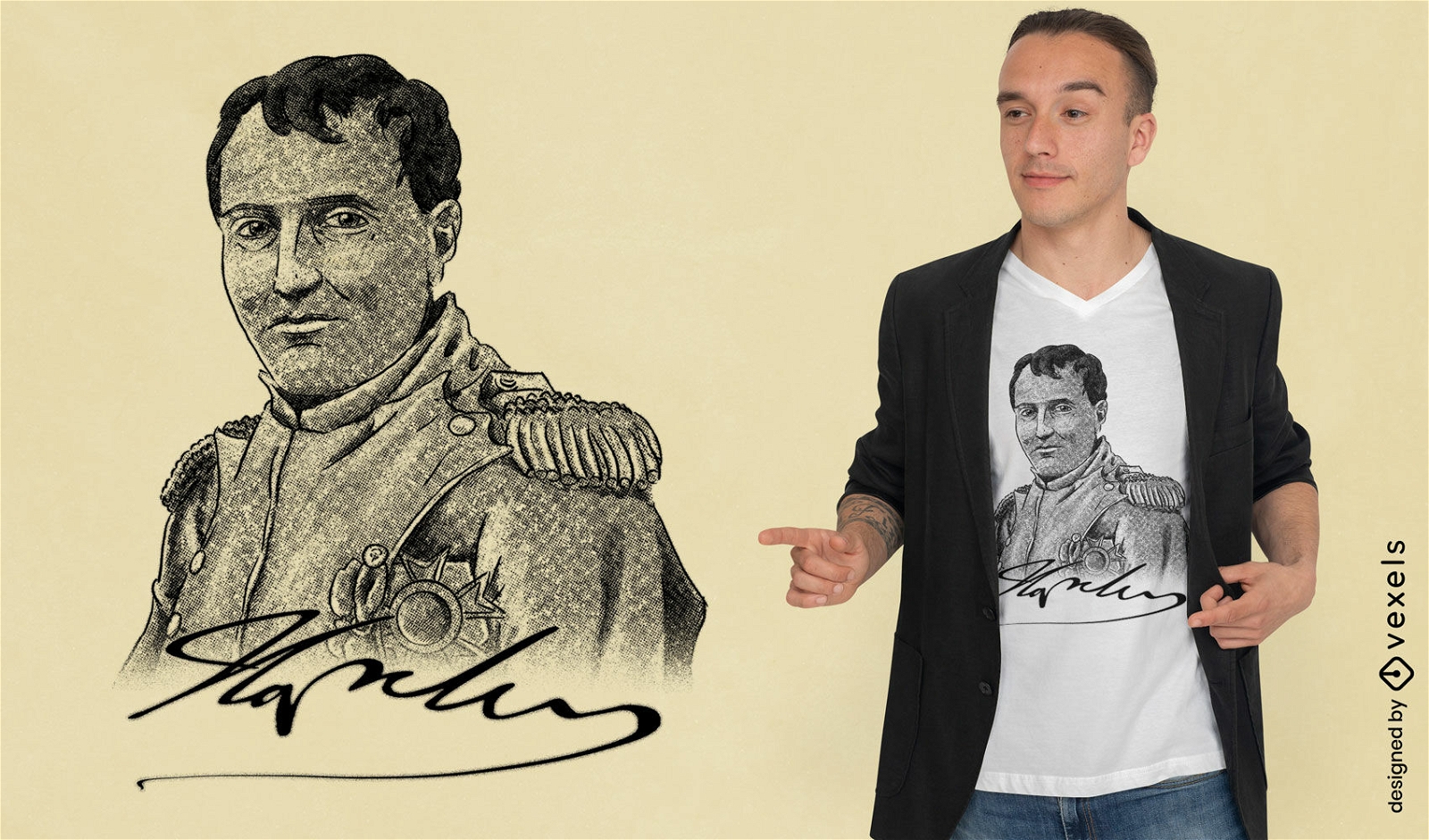 Retrato de Napoleón y diseño de camiseta de la firma.