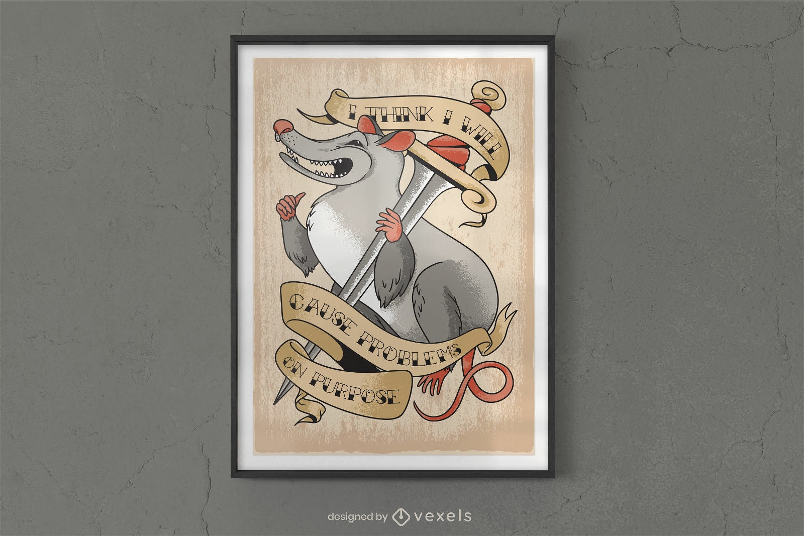 Possum animal with dagger poster design