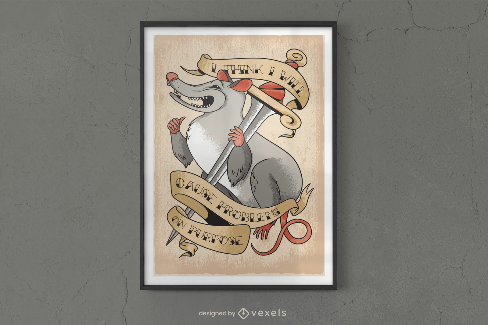 Possum animal with dagger poster design