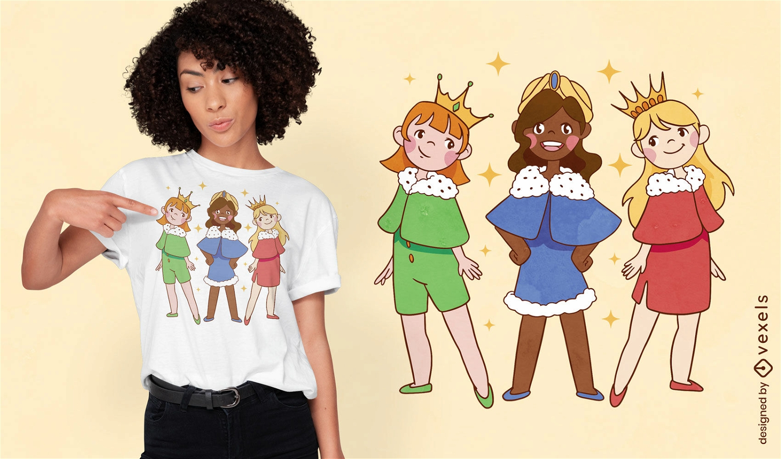 Meninas como design de camiseta de desenho animado de rainhas