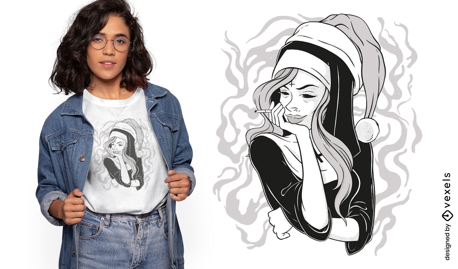 Freira fumando com design de camiseta de chap?u de natal