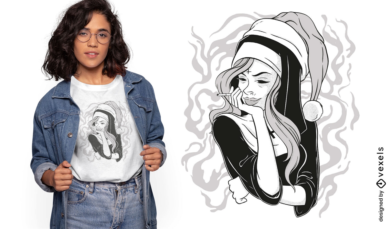Nonne, die mit Weihnachtshut-T-Shirt Design raucht