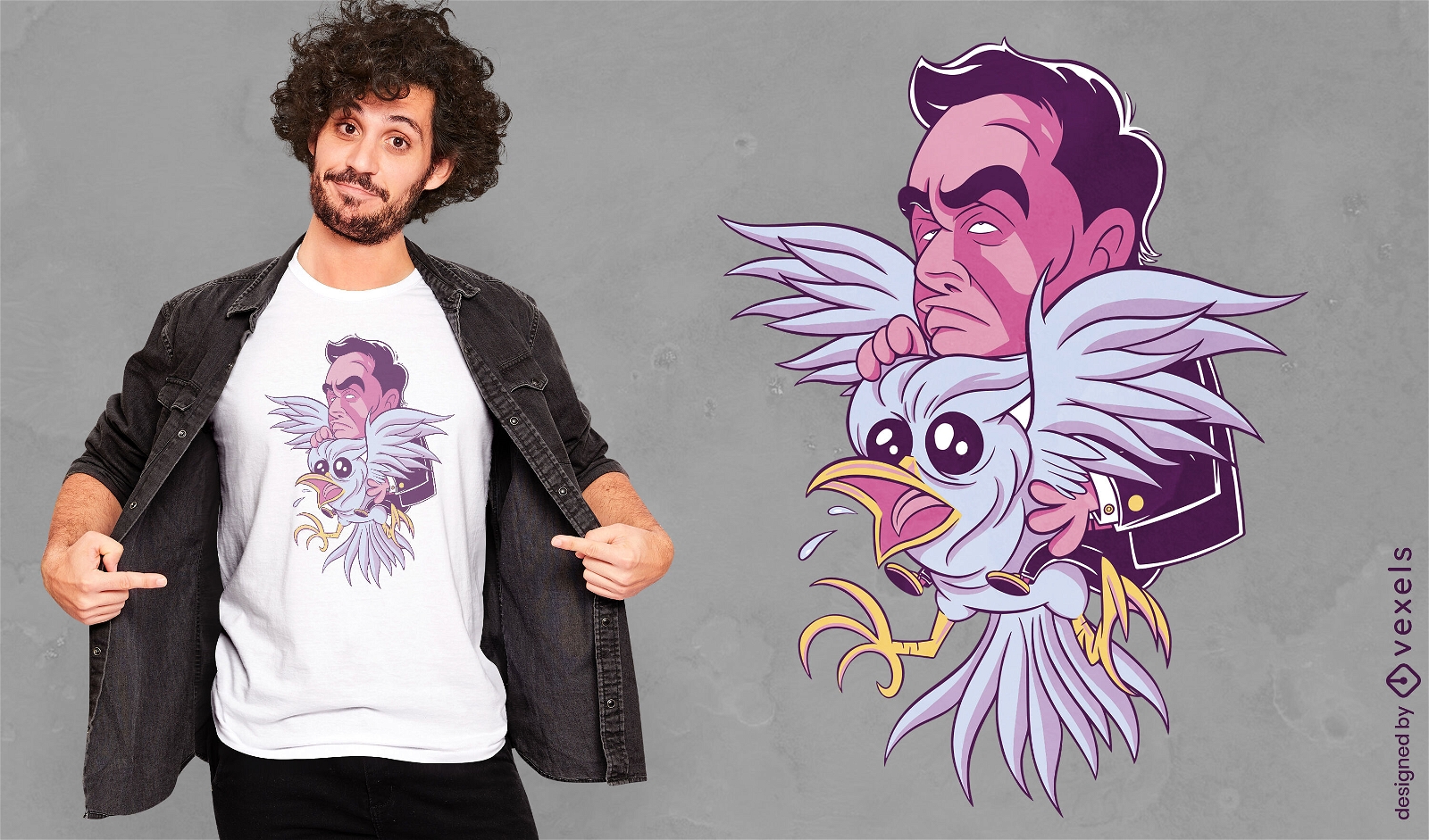 Hombre de caricatura en diseño de camiseta de pájaro