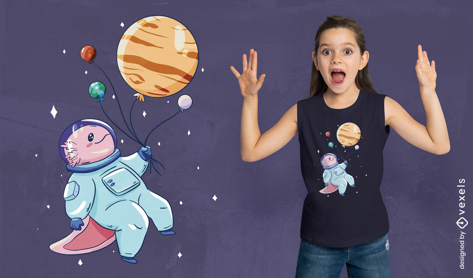 Diseño de camiseta de astronauta axolotl en el espacio