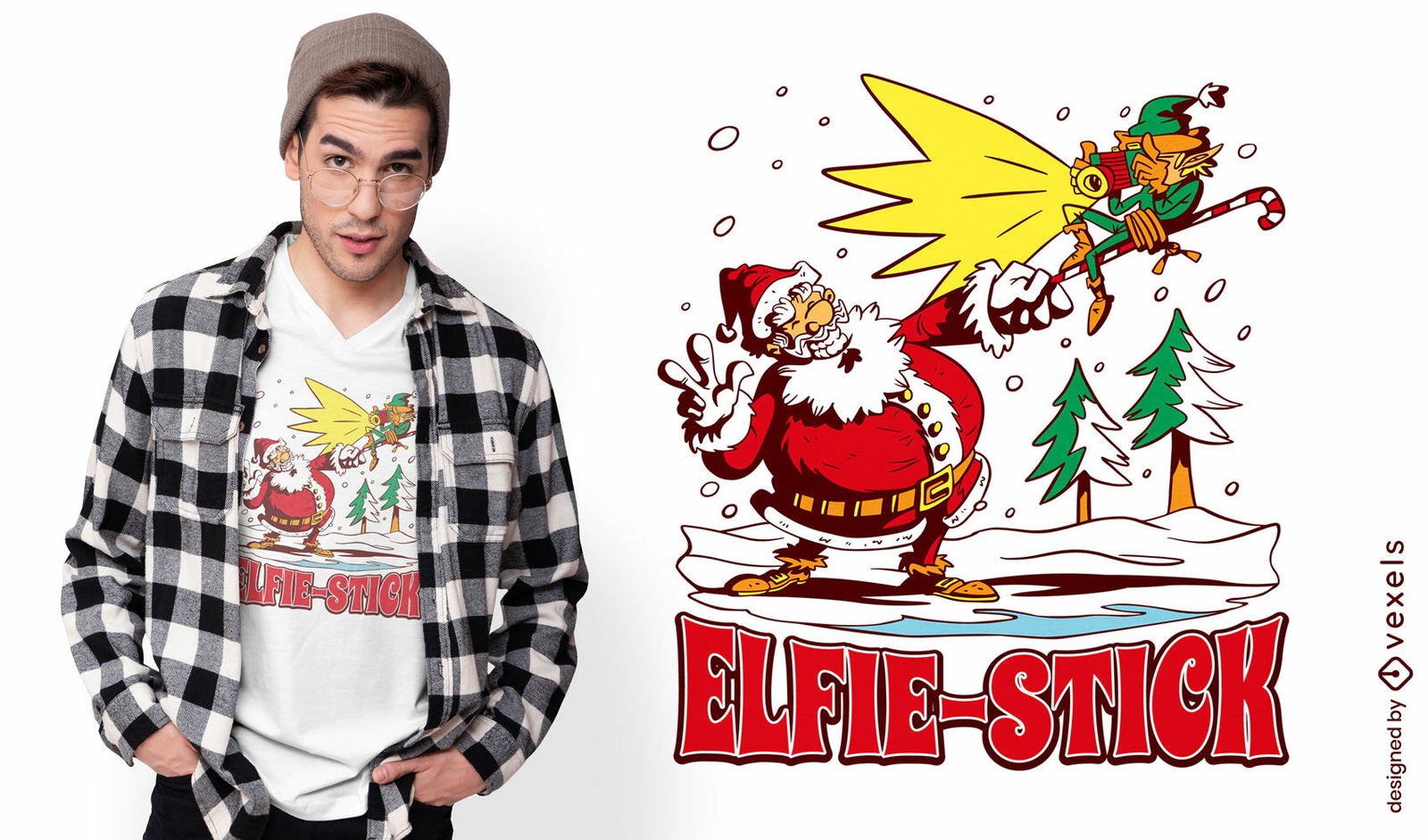 Diseño de camiseta de navidad elfie-stick.