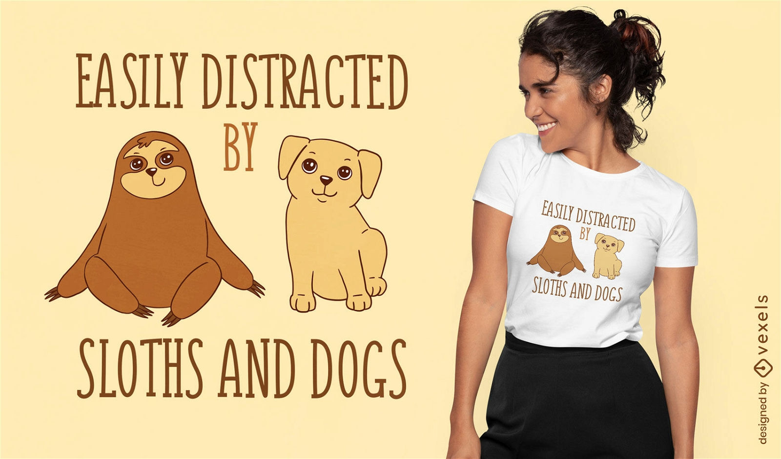T-Shirt-Design mit abgelenkten Faultieren und Hunden