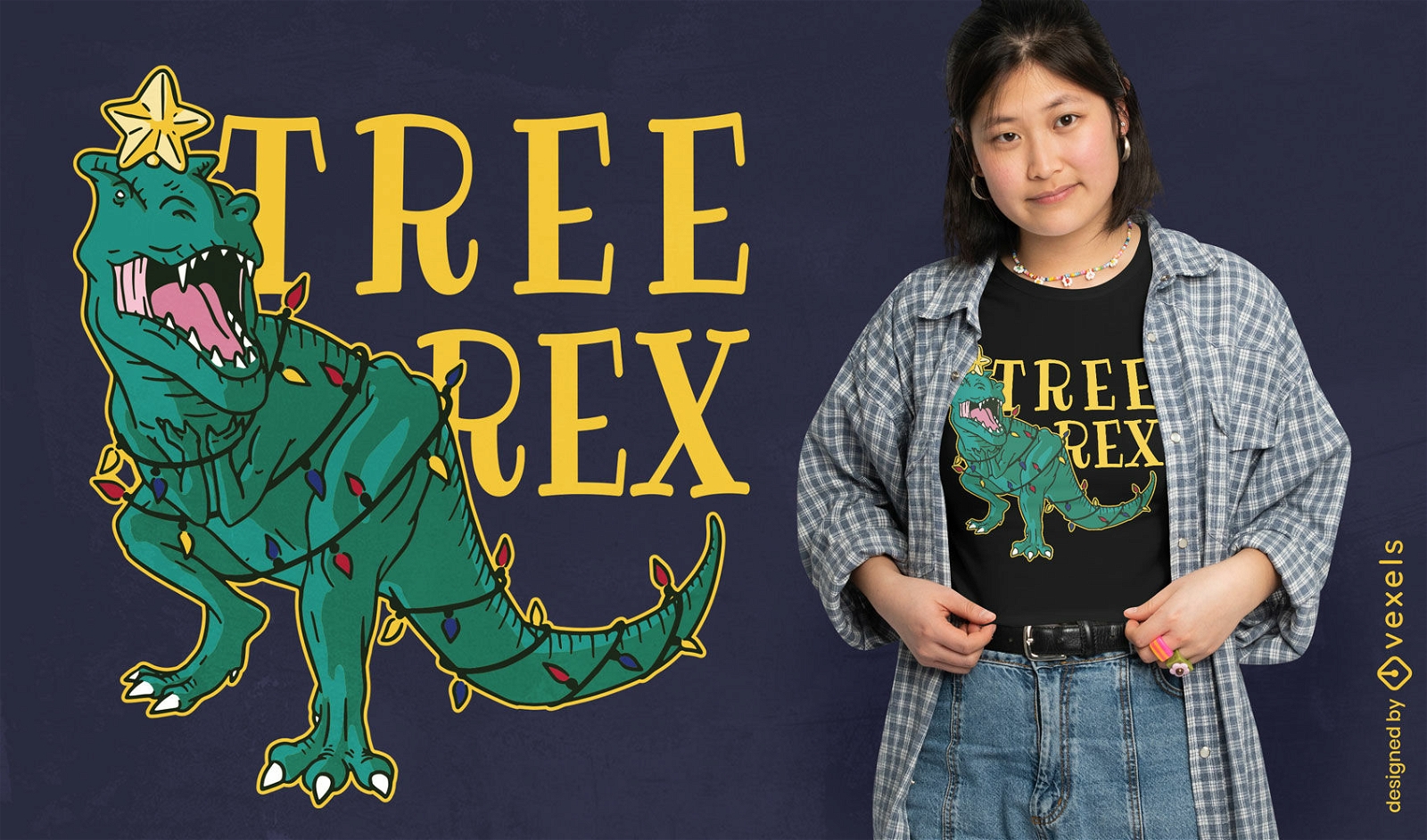 Design de camiseta t-rex de ?rvore de natal