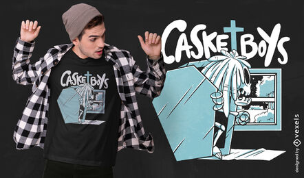 Skeleton in coffin cartoon t-shirt design