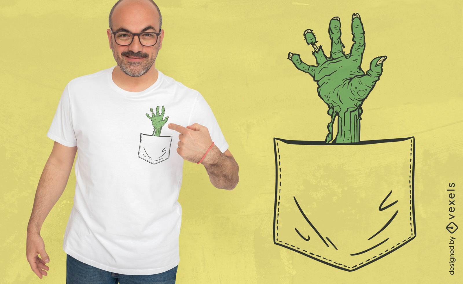 Mano zombie en un diseño de camiseta de bolsillo.