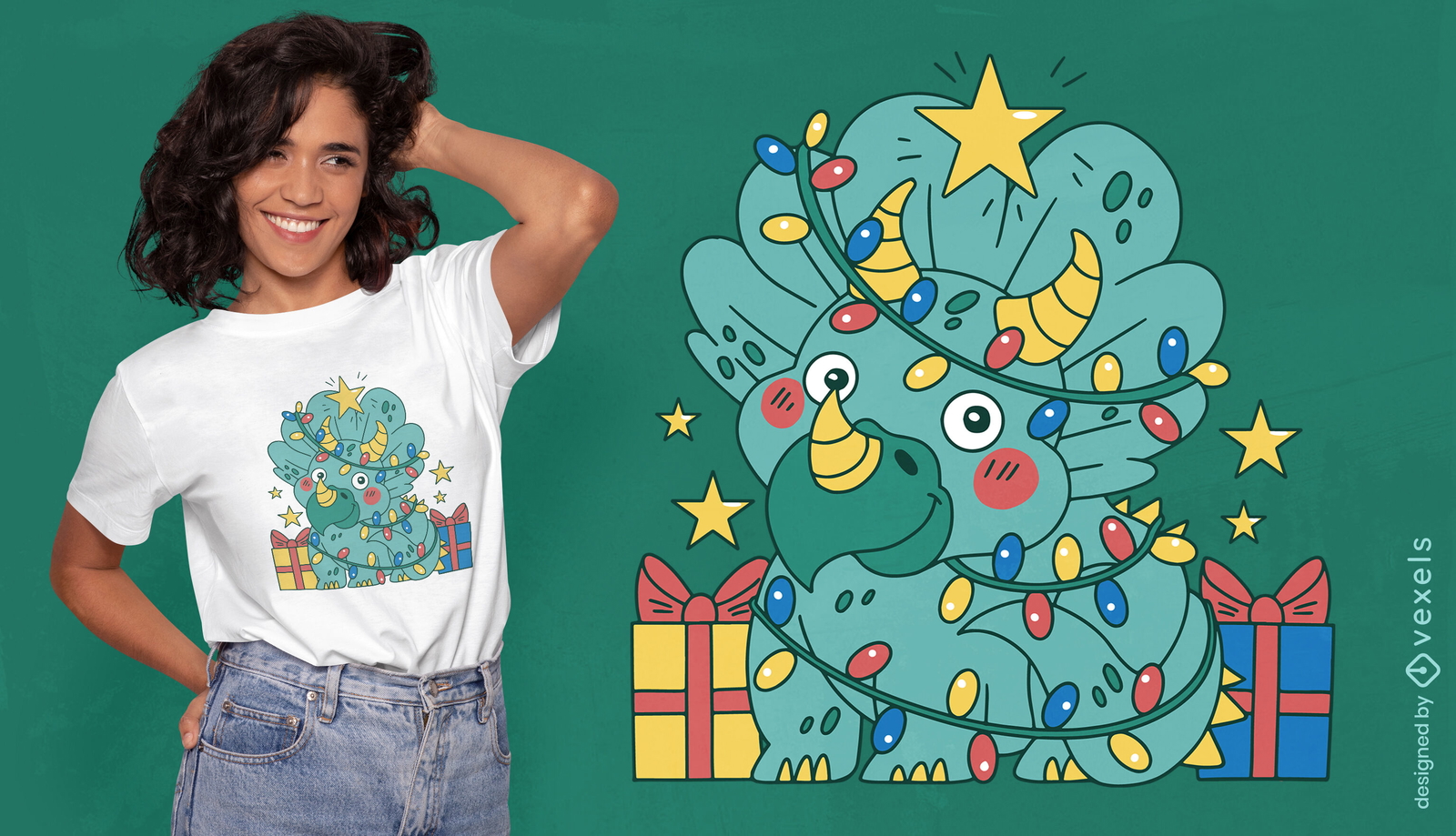 Diseño de camiseta de dinosaurio triceratops navideño.