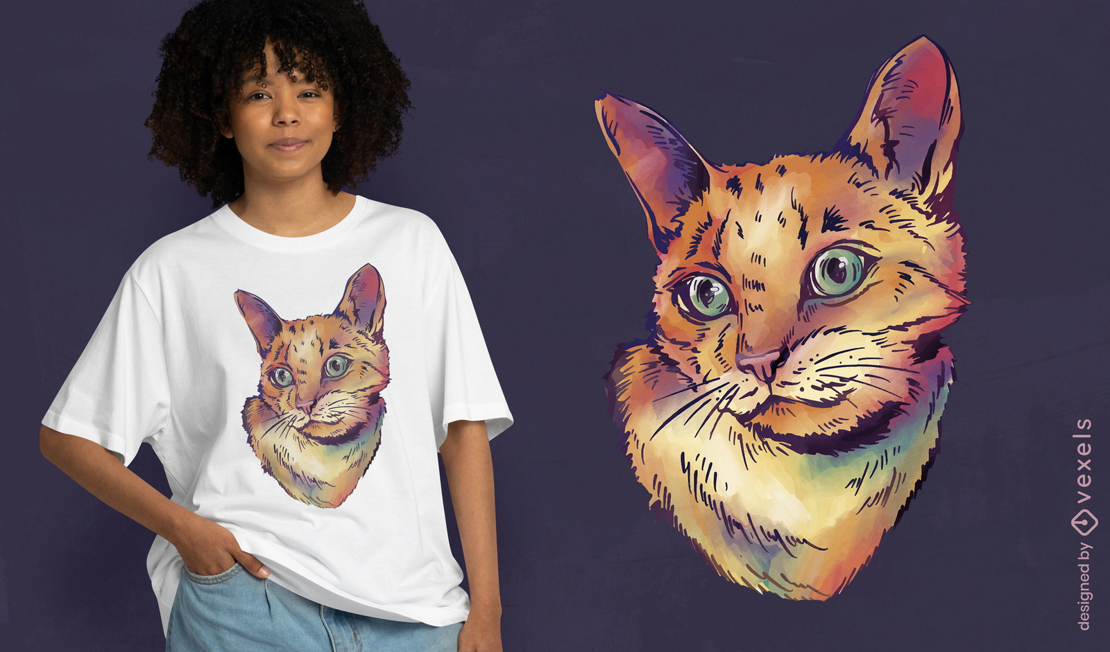 Diseño de camiseta de acuarela de gato realista.