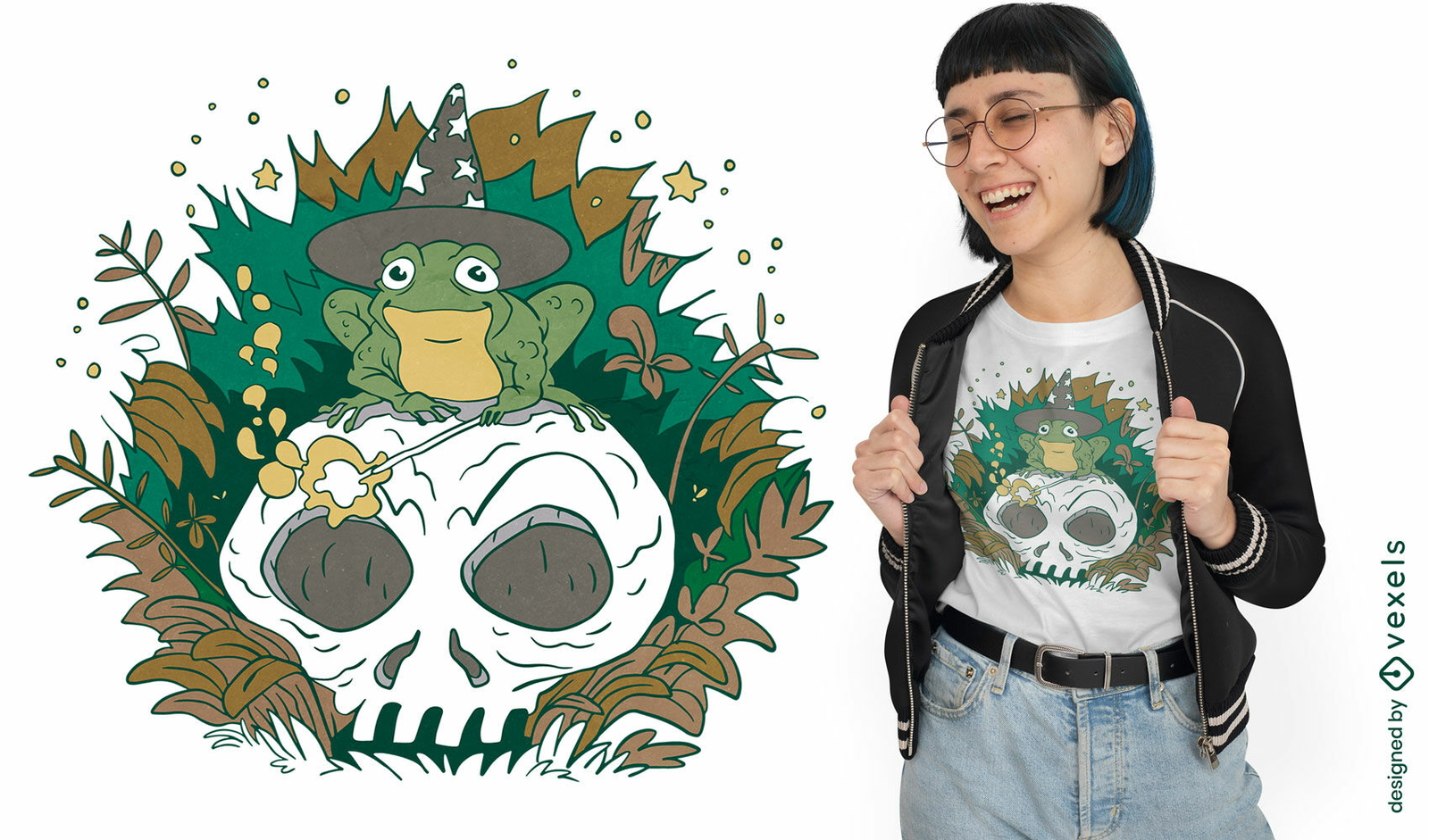 Rana mago en un diseño de camiseta de calavera