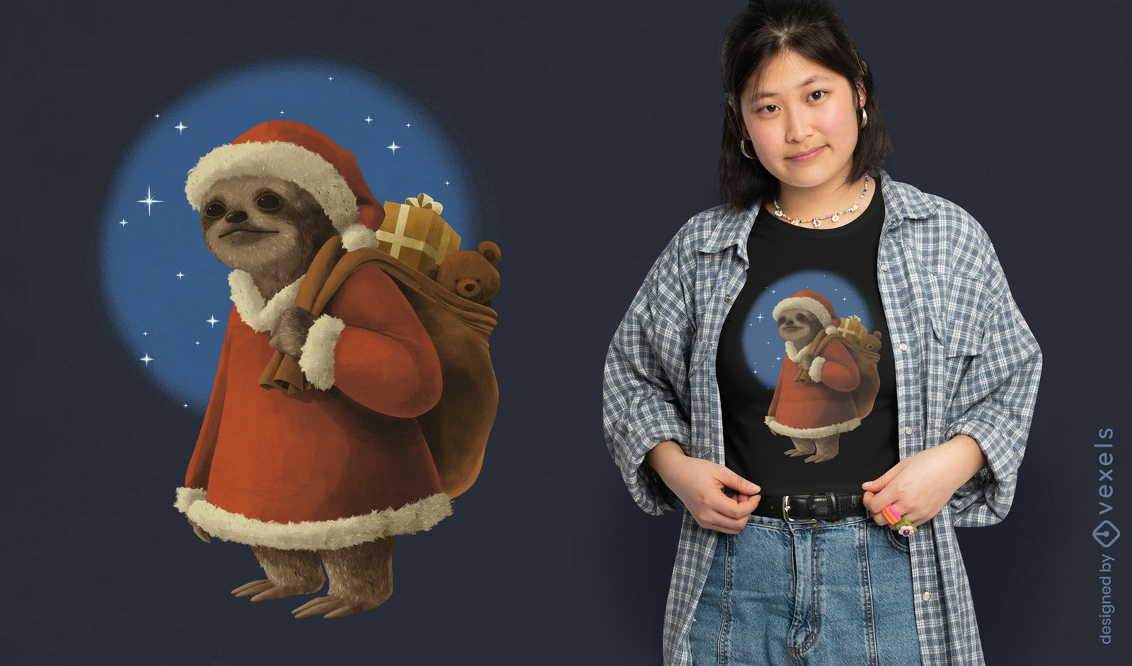 Preguiça papai noel no design de camiseta de natal