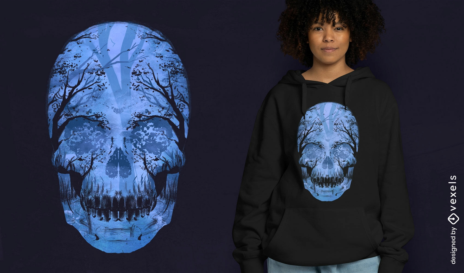 Crânio assustador e design de camiseta de floresta