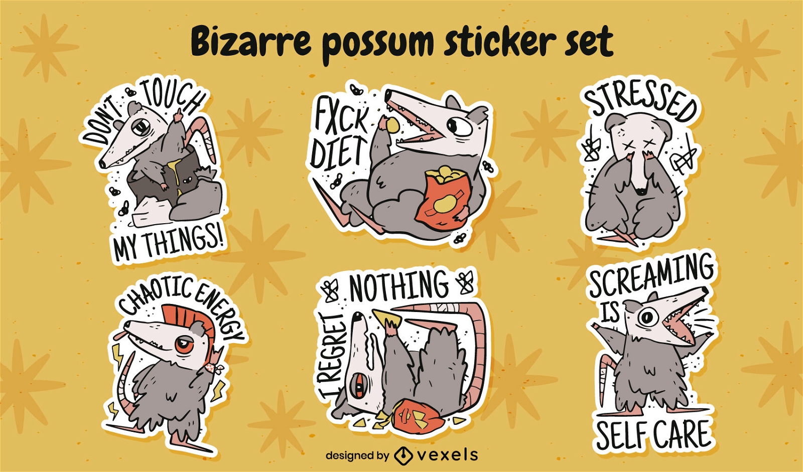 Funny possum animal cartoon sticker set