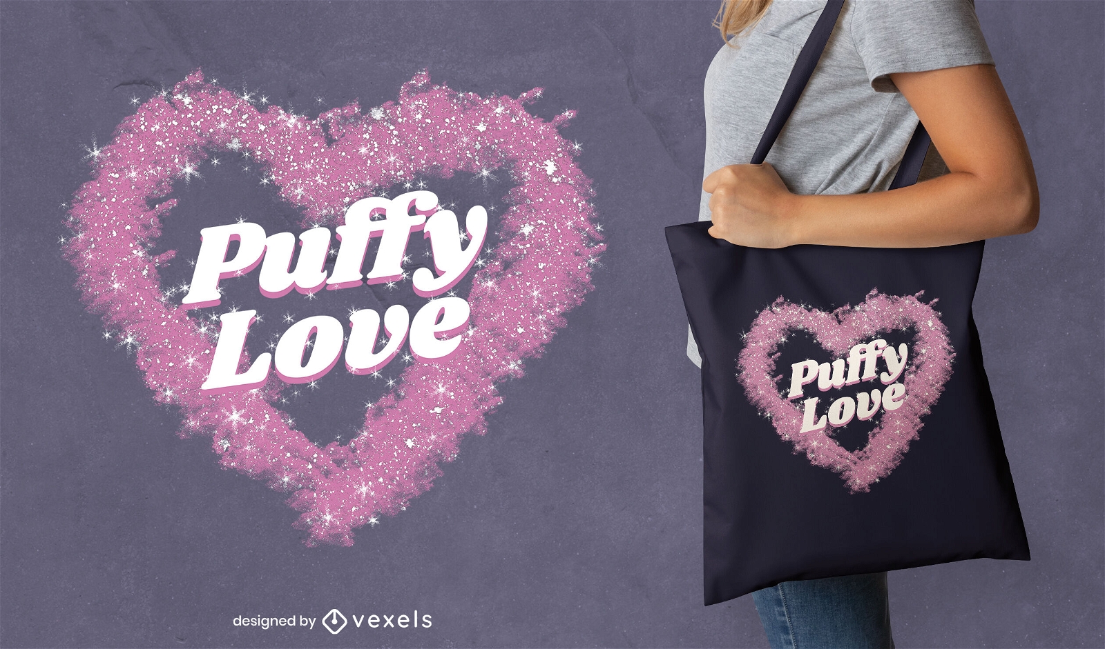 Diseño de bolsa de asas de amor con corazón de purpurina