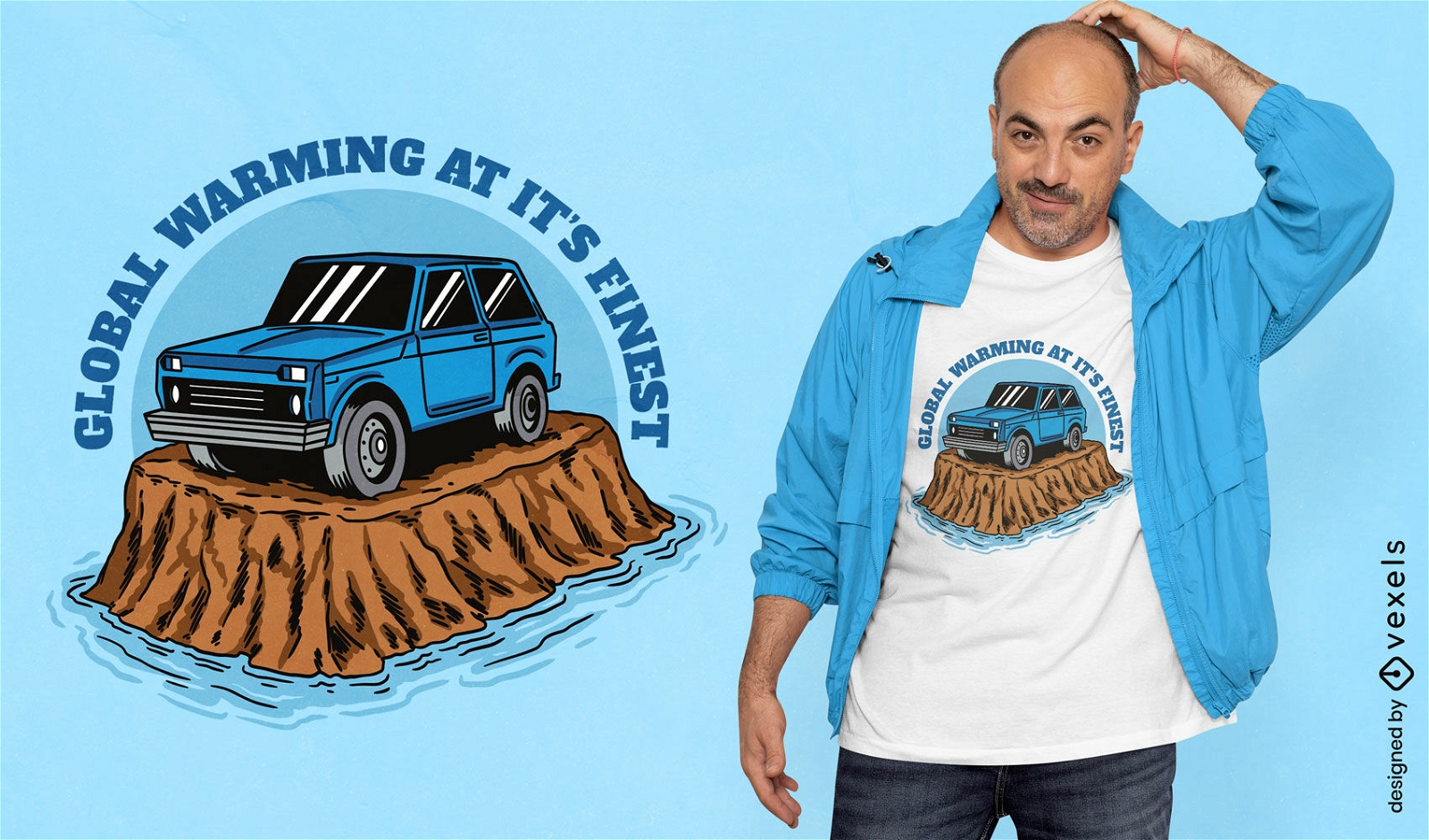 T-Shirt-Design für die globale Erwärmung des blauen Autos