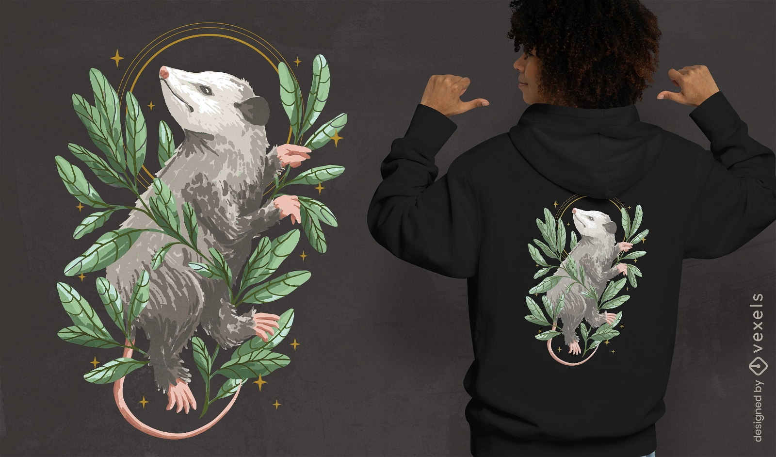 Animal gambá com design de camiseta de folhas
