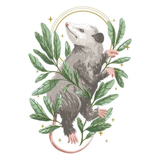 Illustration of an opossum with green leaves PNG Design
