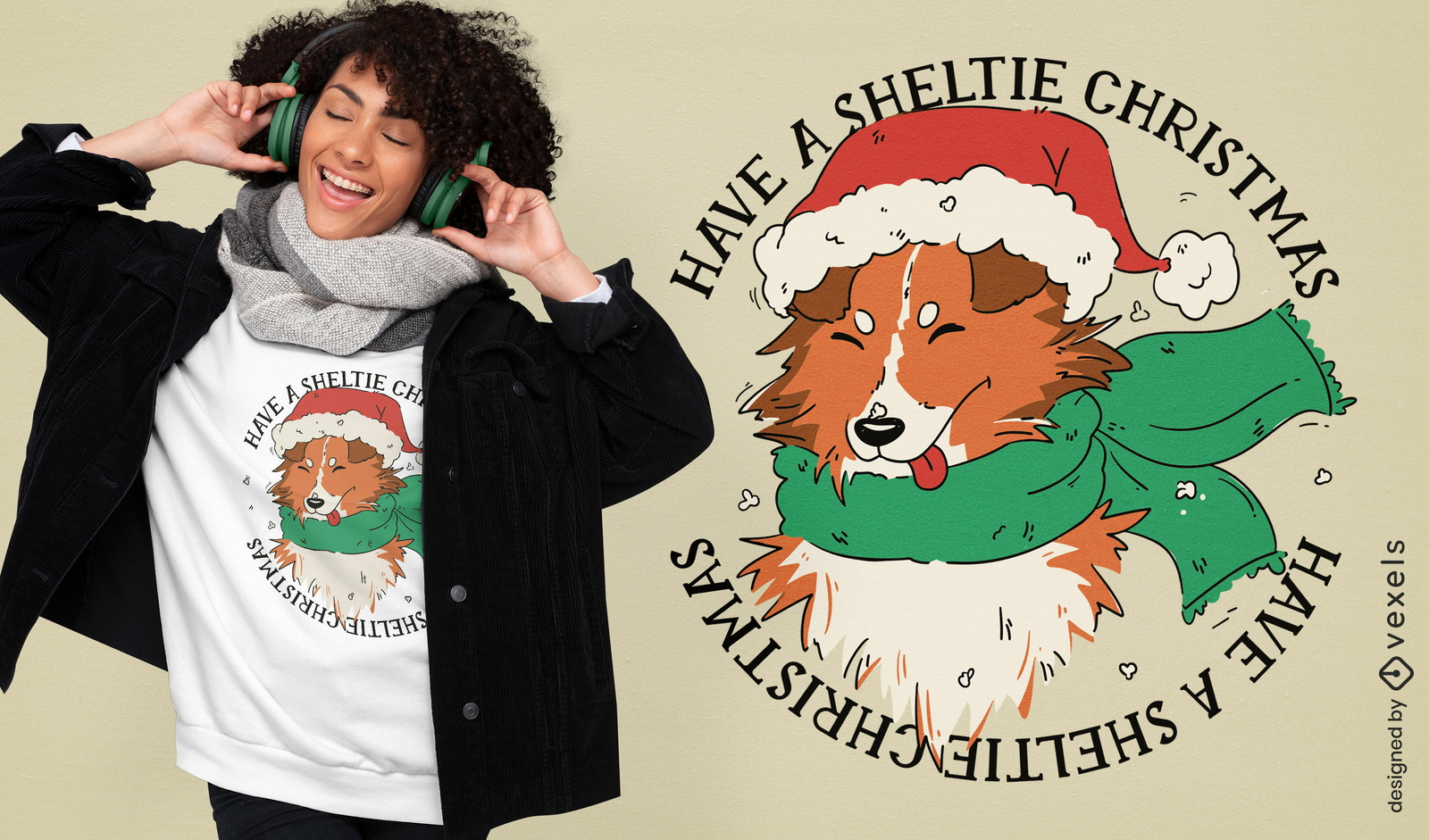 Cão Sheltie em design de camiseta de inverno