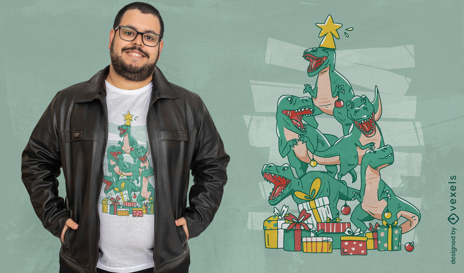 Dinosaurios como diseño de camiseta de árbol de navidad.