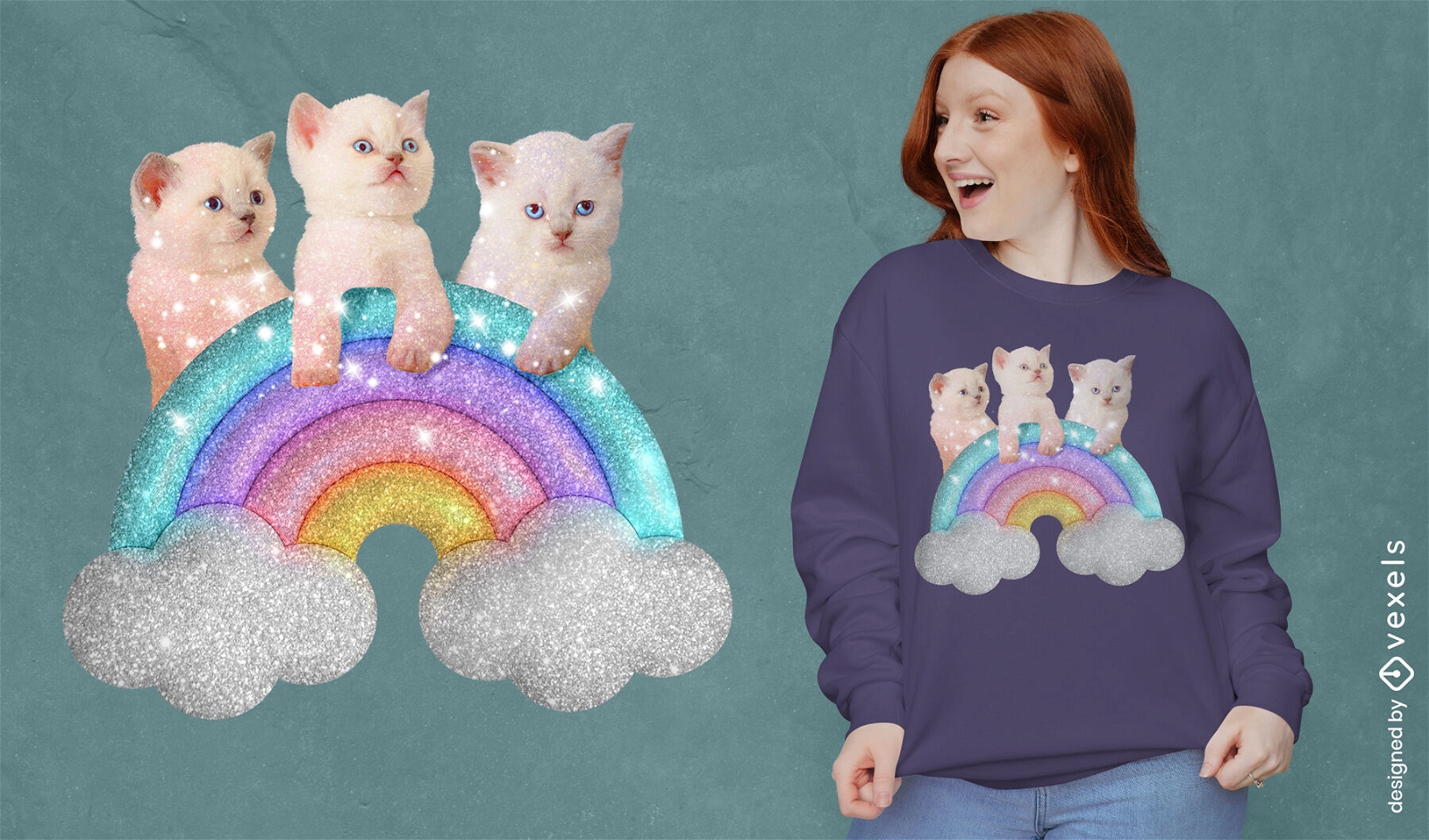 Kitten animals with glitter rainbow t-shirt psd