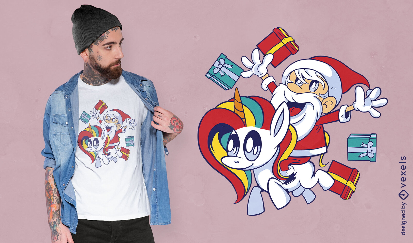 Papá Noel montando un diseño de camiseta navideña de unicornio.