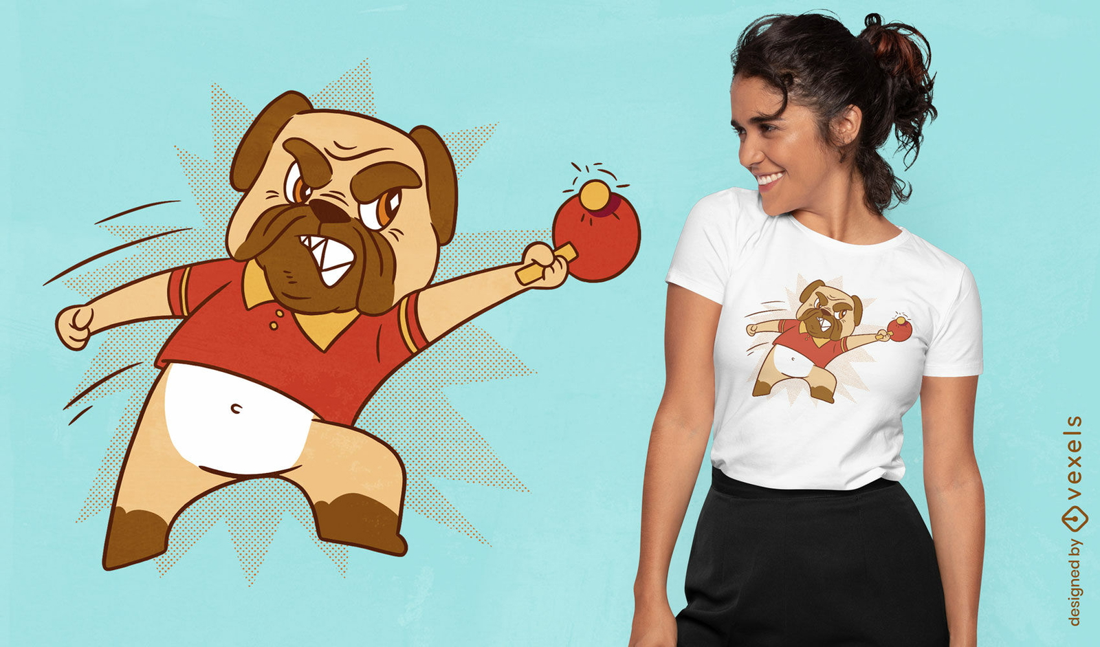 Diseño de camiseta de perro jugando al ping pong